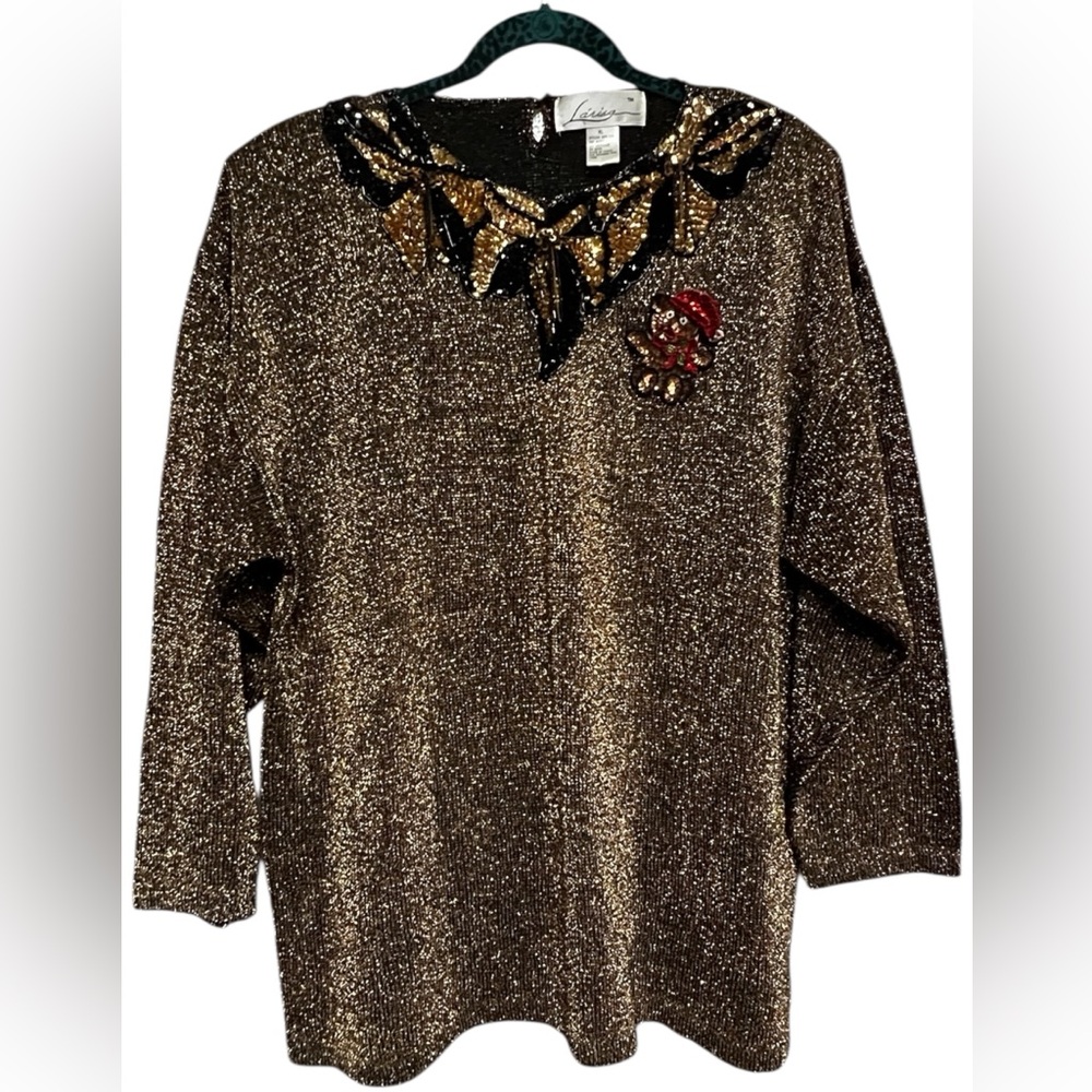Larisa Vintage Shimmery Gold Holiday Sweater Tunic Beads Sequins XL Teddy Bear